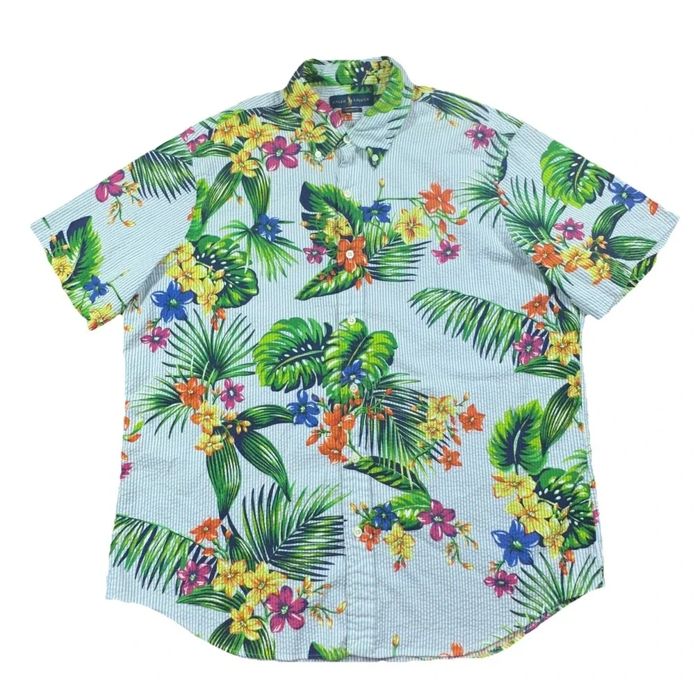 Ralph Lauren Polo Seersucker Hawaiian Shirt XL/TG Floral AOP Button Down